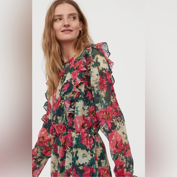 H&M Floral Green Ruffle Mini Dress – M – Excellent Condition - Picture 4 of 16